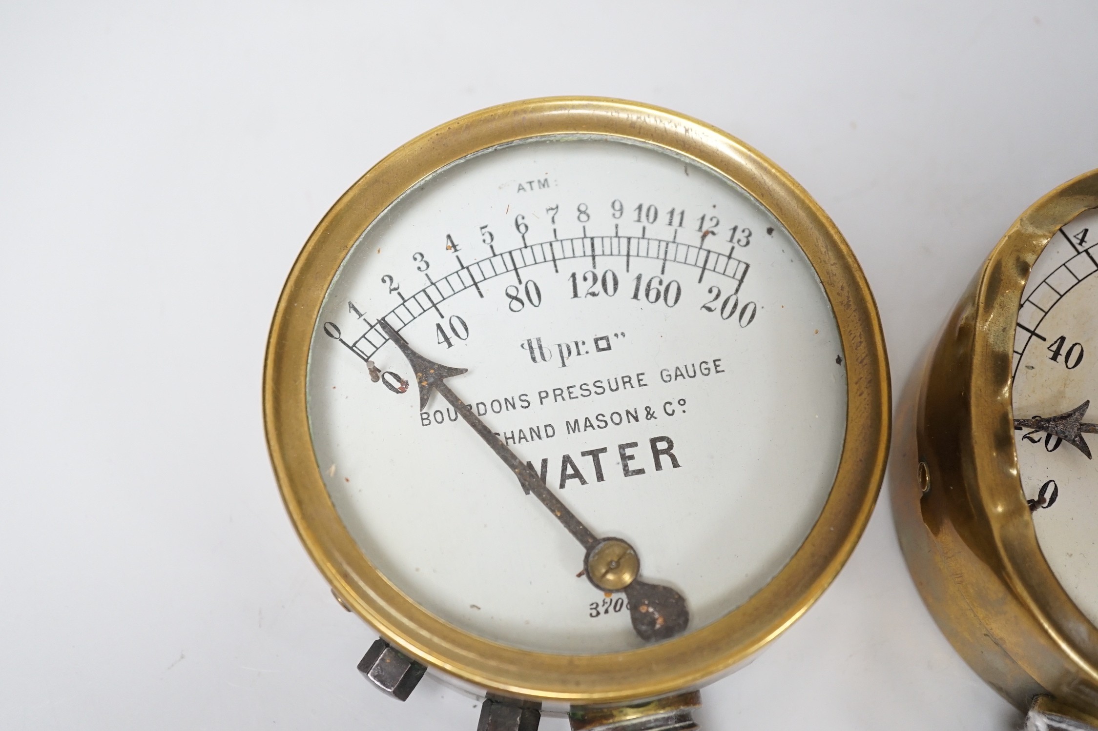 Two Shand Mason & Co pressure gauges, 10cm diam. (one a.f.)